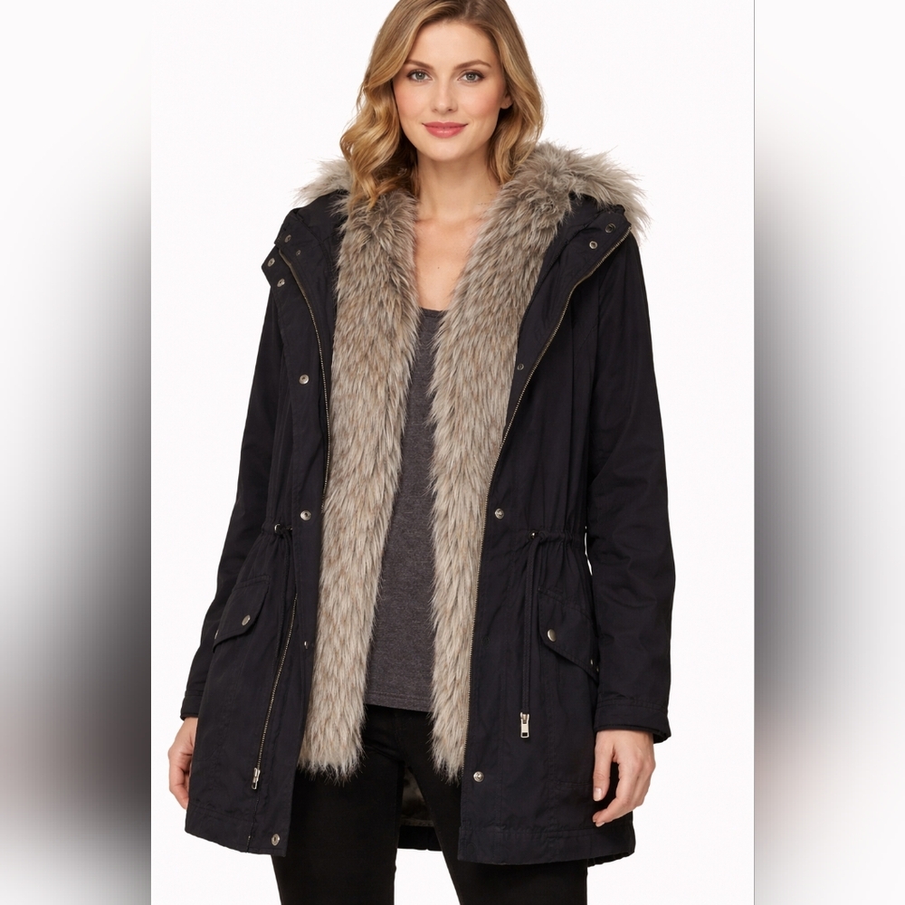 Women's Black Removable Fur Vest Parka Jacket | Size L | Cozy Luxe NWT